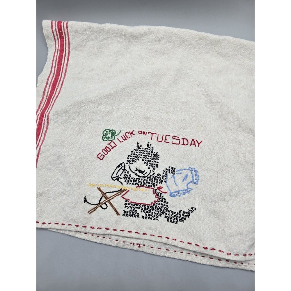 VTG Hand Embroidered Cross Stitch Kitchen Good Luck Linen Dish Towel Black Cat